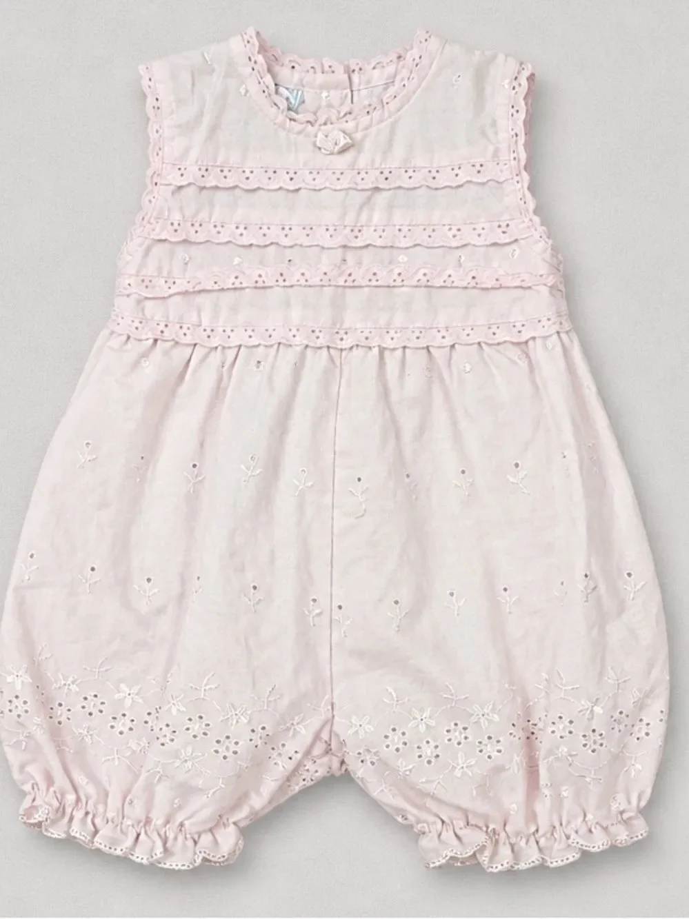 Baby Grand Pink eyelet bubble romper with ruffle accents size 9 months